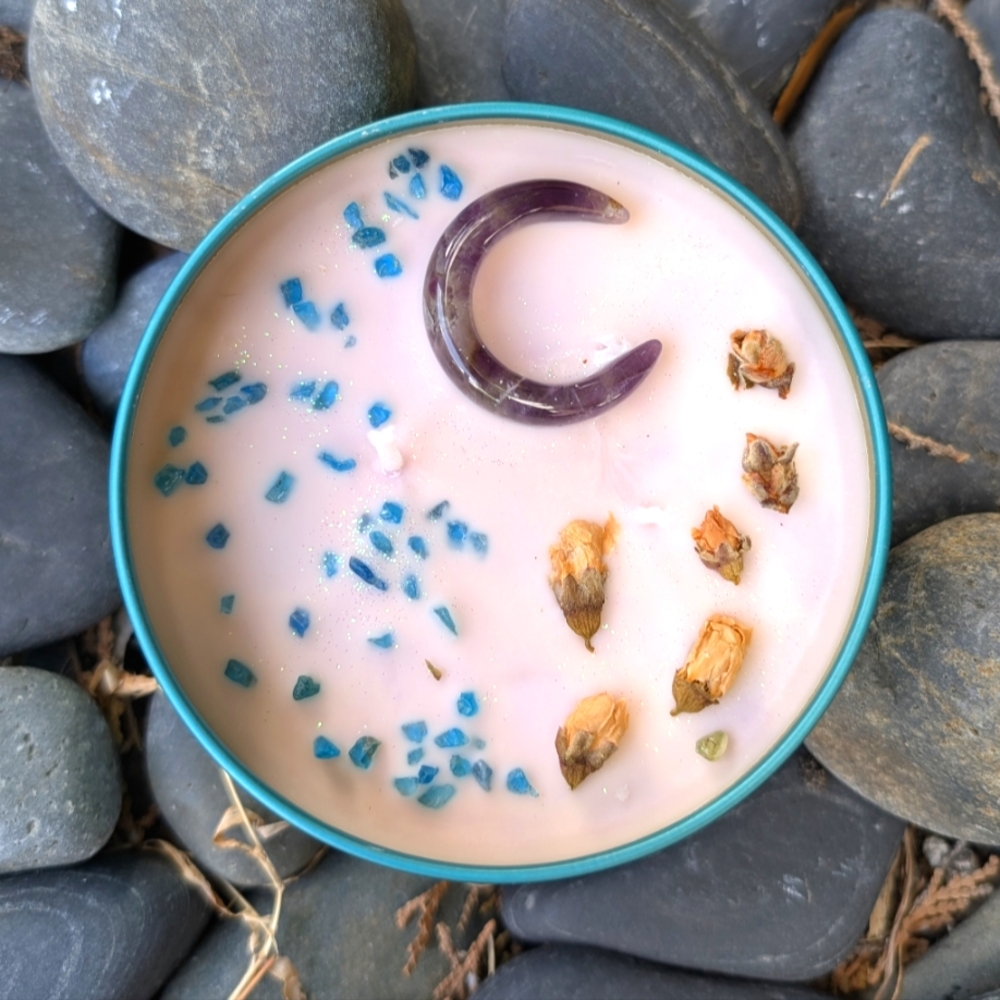 Amethyst Crescent And Neon Apatite Gemstone Intention Candle